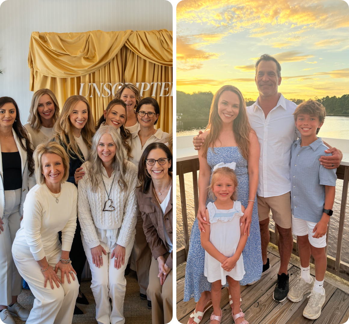 Women gathered at the Unscripted retreat, next to a recent family photo of Julie Solomon with her husband and children at sunset